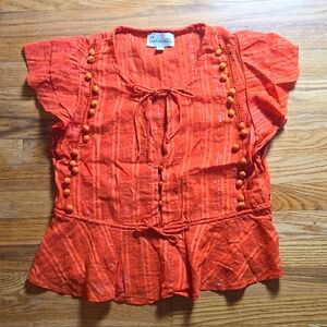 Cleobella boho metallic thread ruffle sleeve pom pom top